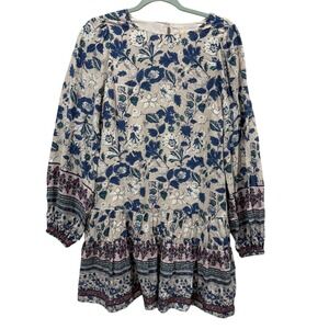 Doe and Rae Blue Cream Floral Boho Drop Waist Mini Dress Long Sleeve Small